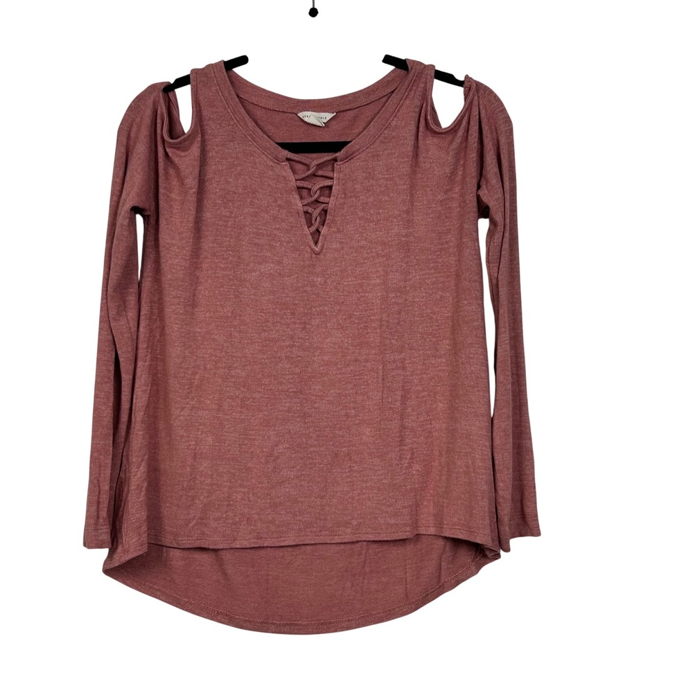 Aeropostale Top Womens Medium Pink Lace Up Cold Shoulder Long Sleeve Ribbed Knit